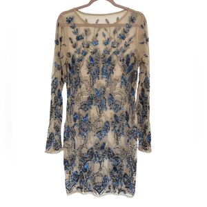 Elegant Neutral Mesh Sequin Embellished Long Sleeve Mini Dress